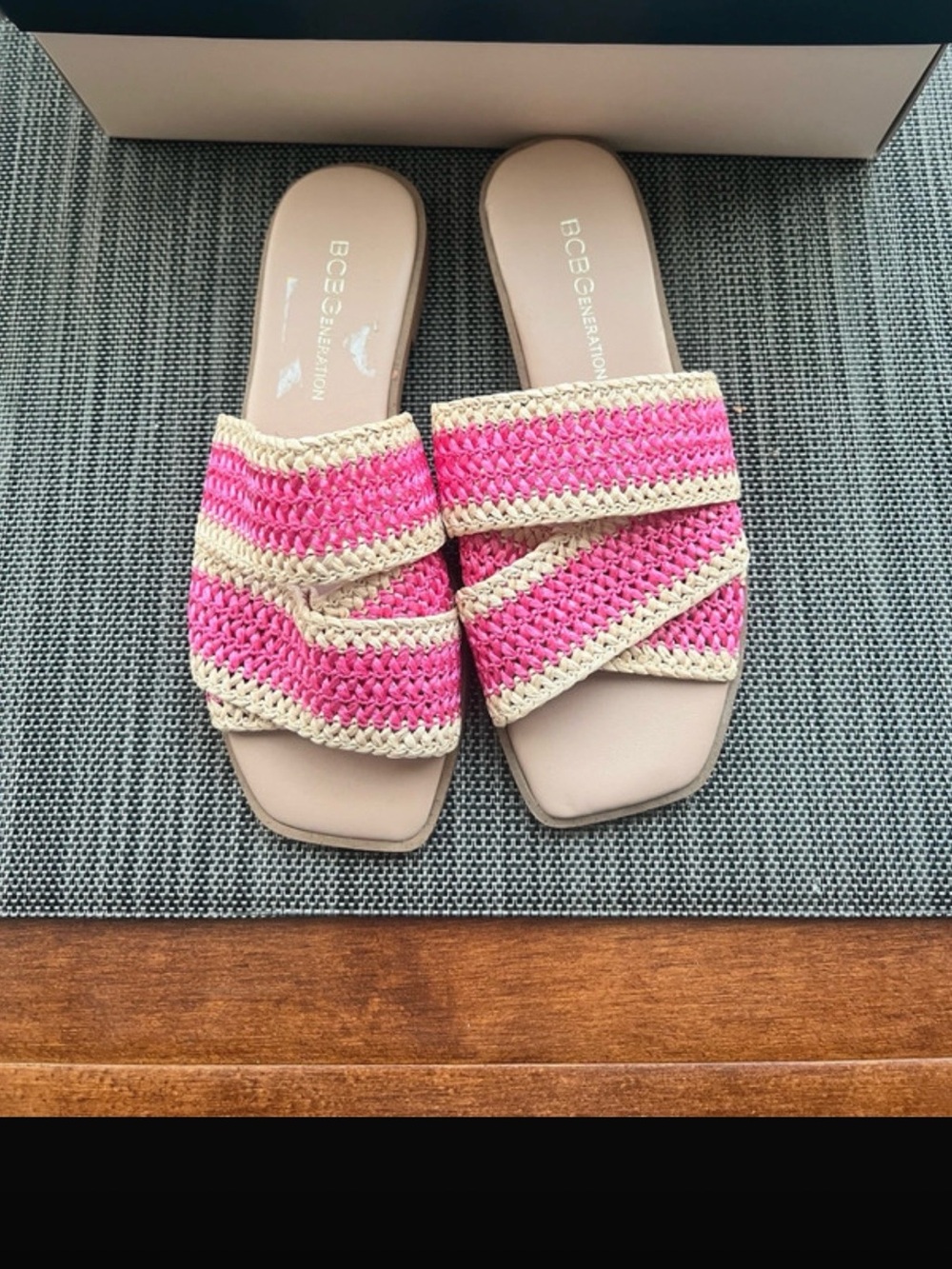 BCBGeneration Pink and Cream Crochet Slide Sandals